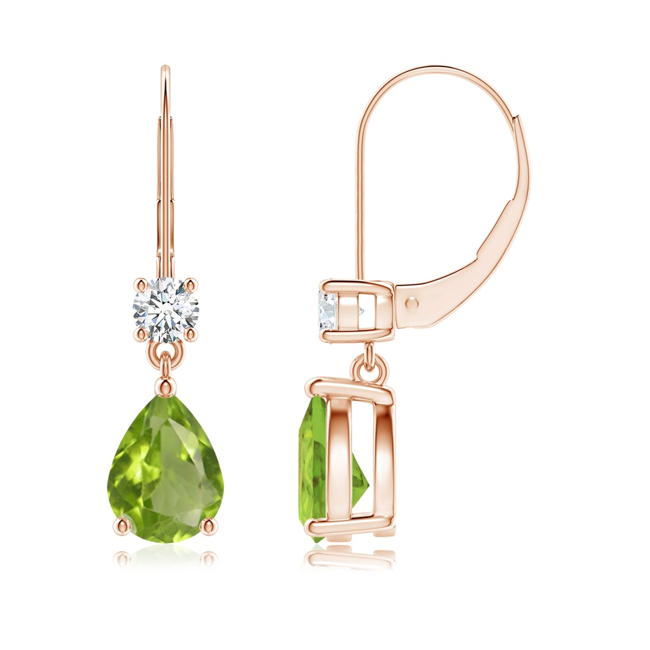 8x6mm AA Pear Peridot Leverback Drop Earrings with Diamond in Rose Gold 