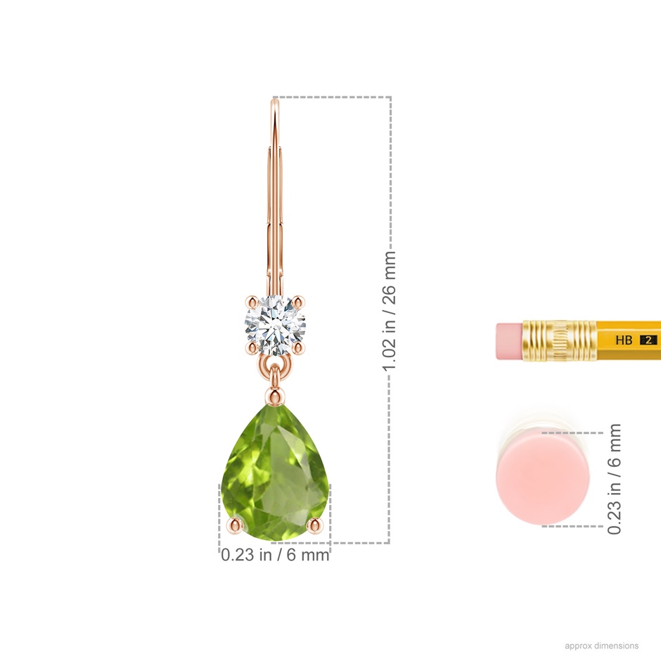8x6mm AA Pear Peridot Leverback Drop Earrings with Diamond in Rose Gold ruler