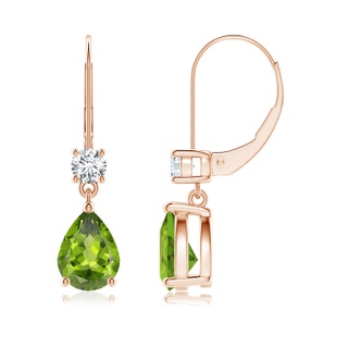 8x6mm AAA Pear Peridot Leverback Drop Earrings with Diamond in Rose Gold