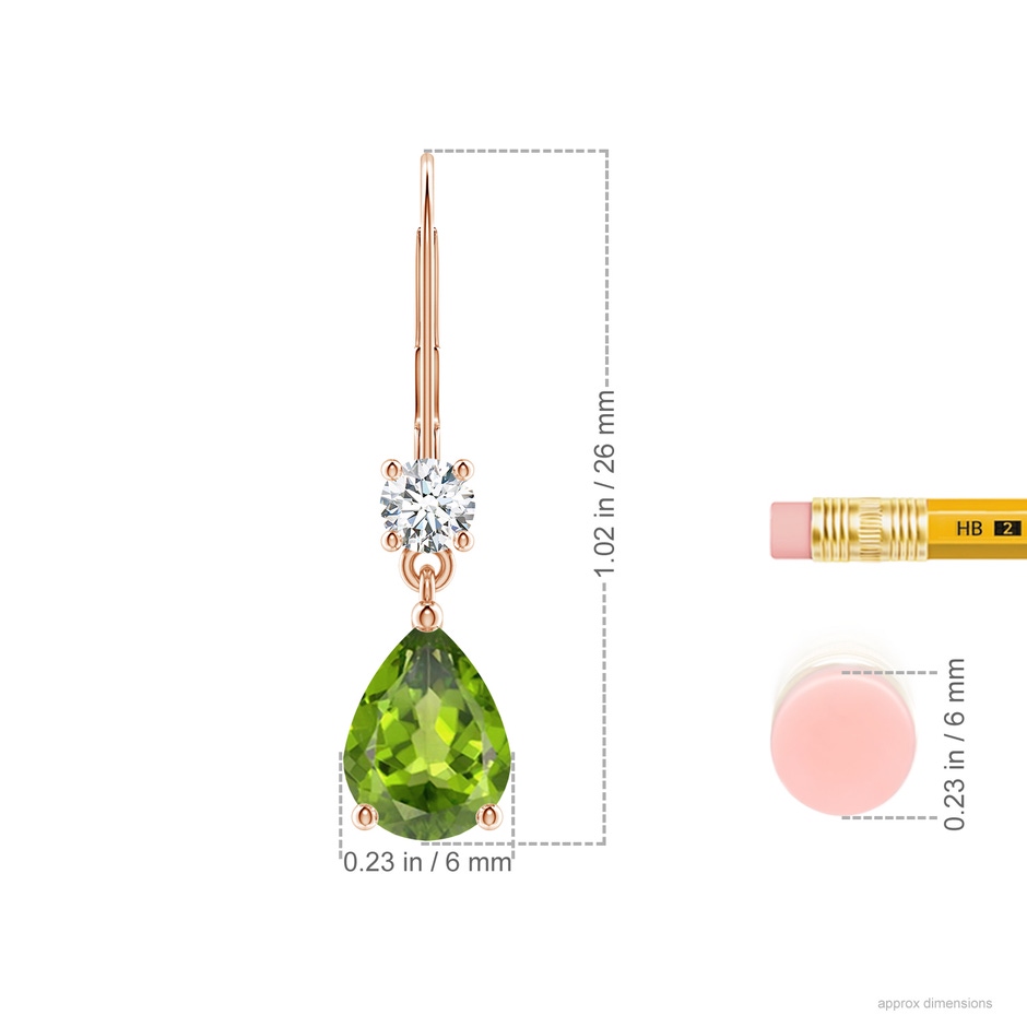 8x6mm AAA Pear Peridot Leverback Drop Earrings with Diamond in Rose Gold ruler