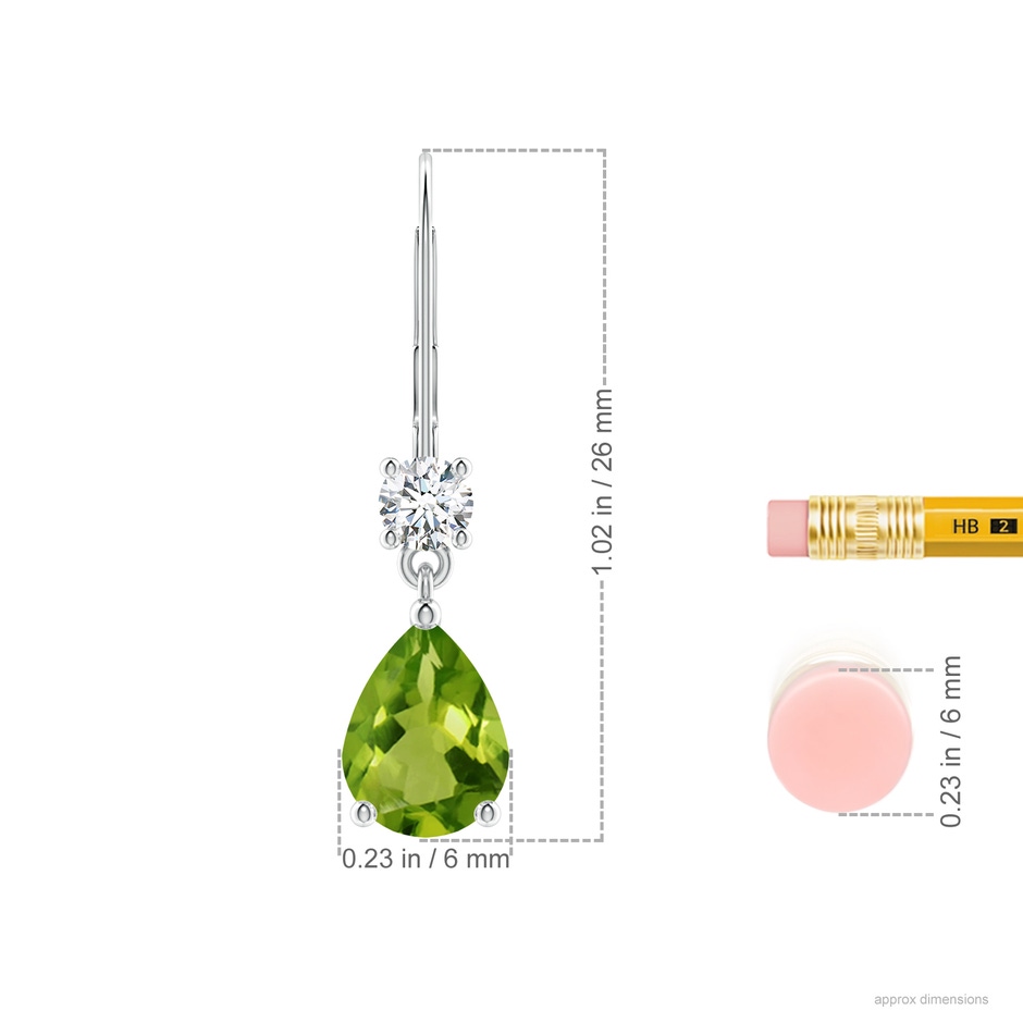 8x6mm AAAA Pear Peridot Leverback Drop Earrings with Diamond in P950 Platinum ruler