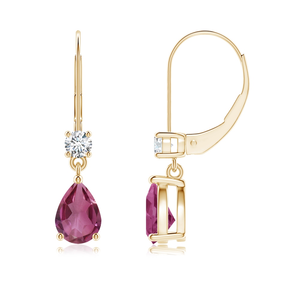 7x5mm AAAA Pear Pink Tourmaline Leverback Drop Earrings in Yellow Gold