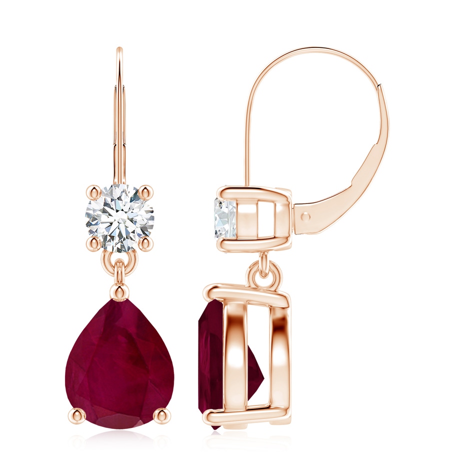 10x8mm A Pear Ruby Leverback Drop Earrings with Diamond in Rose Gold 