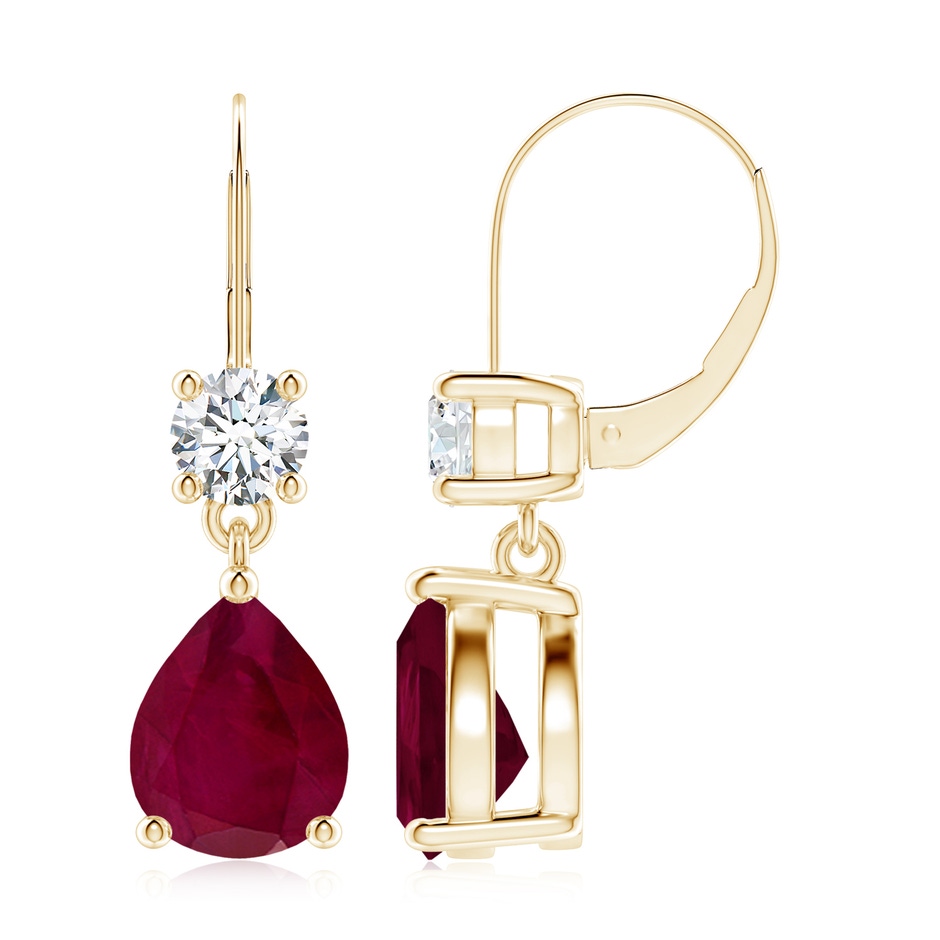 10x8mm A Pear Ruby Leverback Drop Earrings with Diamond in Yellow Gold 