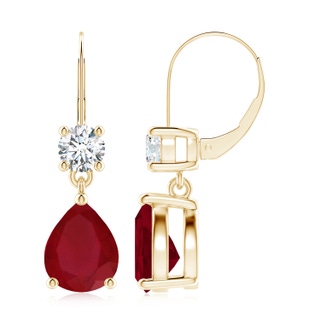 10x8mm AA Pear Ruby Leverback Drop Earrings with Diamond in 10K Yellow Gold