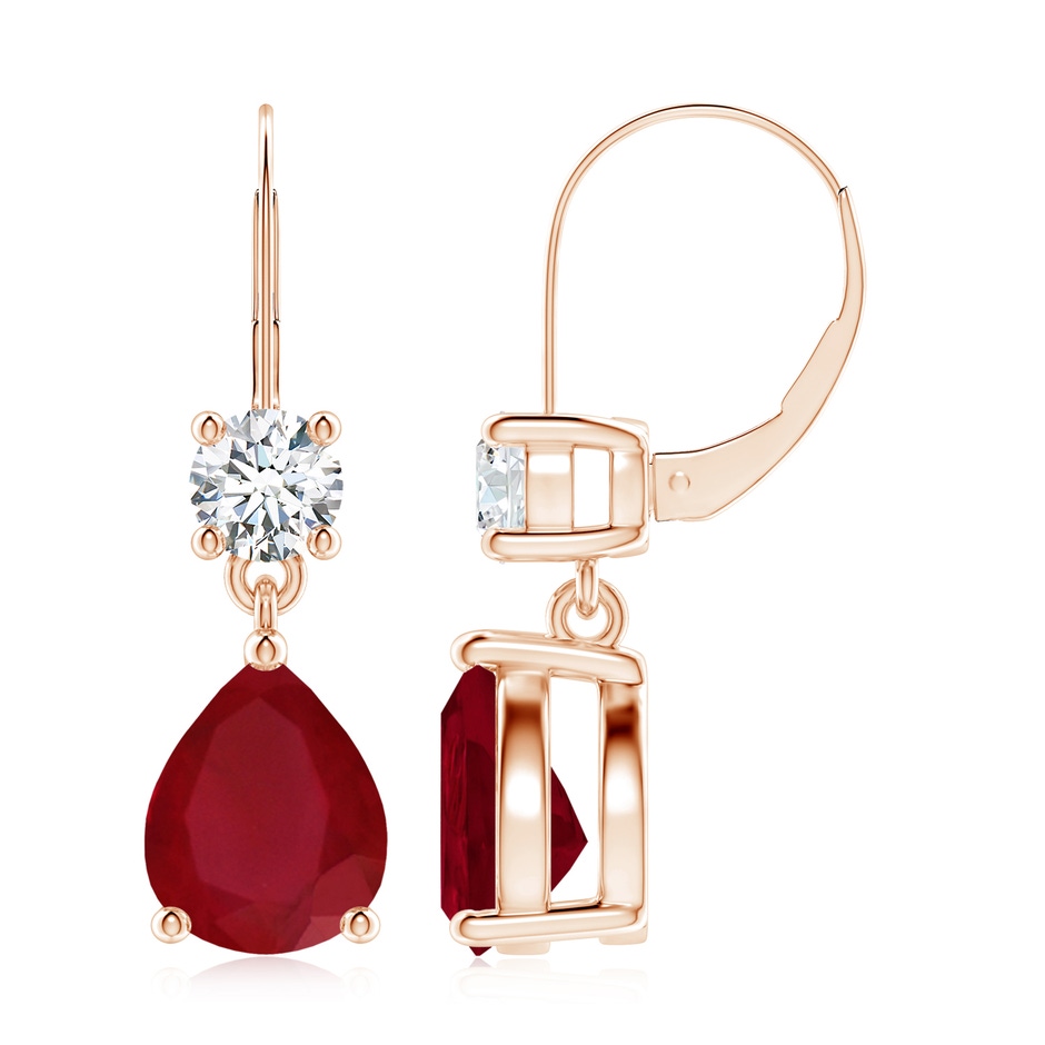 10x8mm AA Pear Ruby Leverback Drop Earrings with Diamond in Rose Gold 