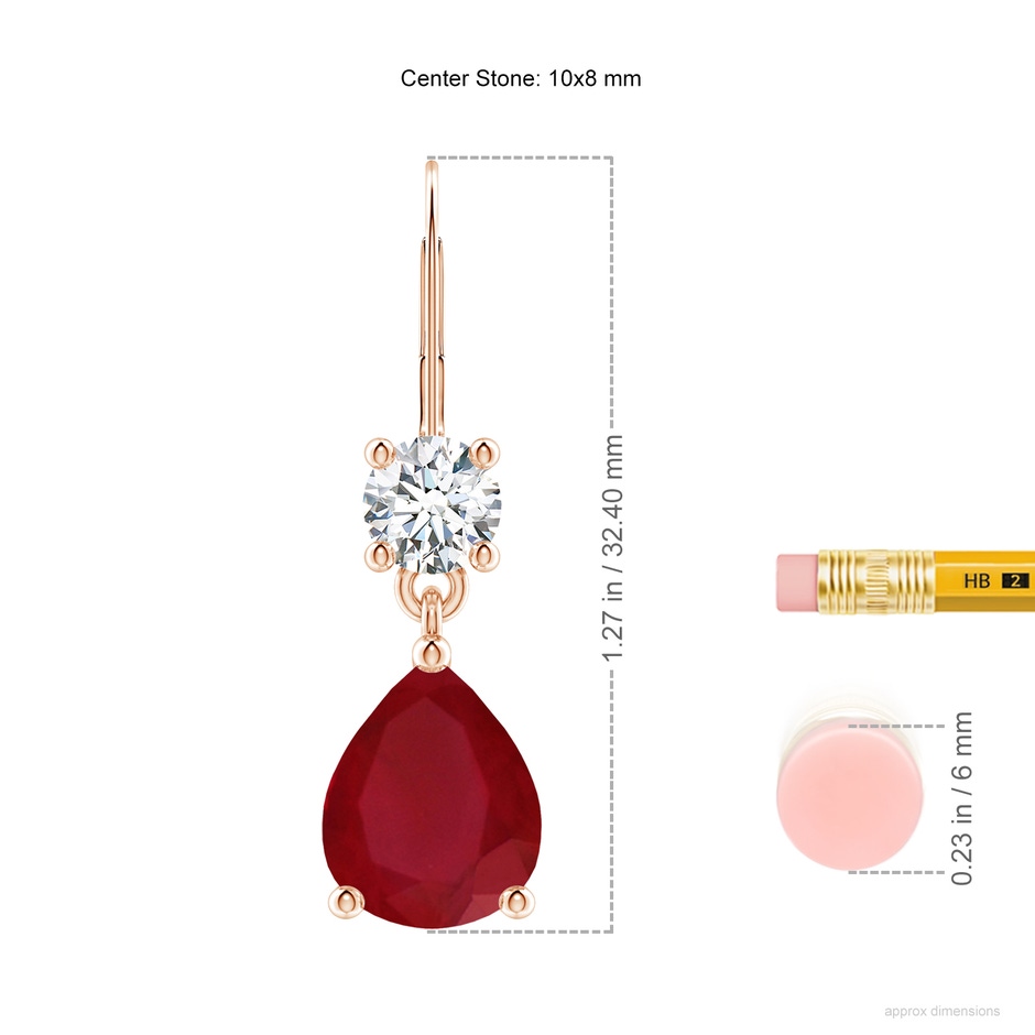 10x8mm AA Pear Ruby Leverback Drop Earrings with Diamond in Rose Gold ruler
