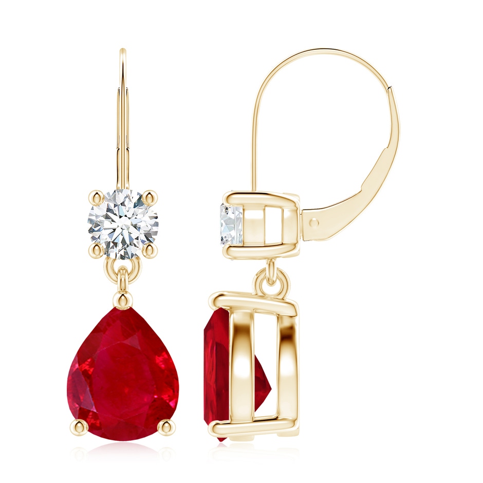 10x8mm AAA Pear Ruby Leverback Drop Earrings with Diamond in Yellow Gold 