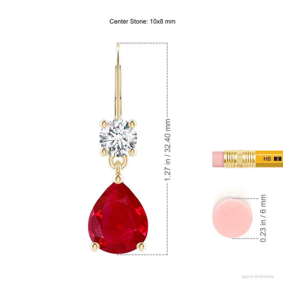 10x8mm AAA Pear Ruby Leverback Drop Earrings with Diamond in Yellow Gold ruler