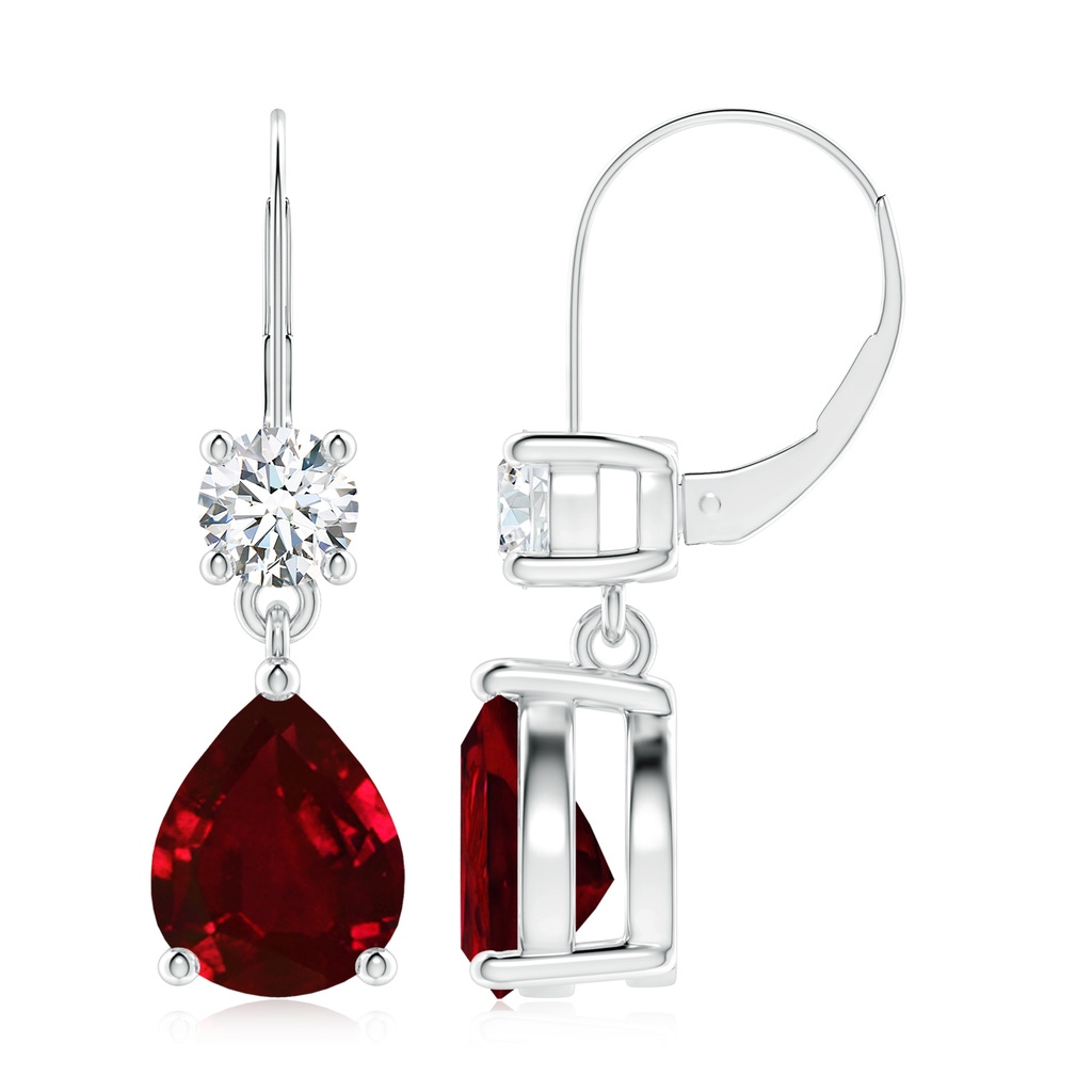 10x8mm AAAA Pear Ruby Leverback Drop Earrings with Diamond in P950 Platinum