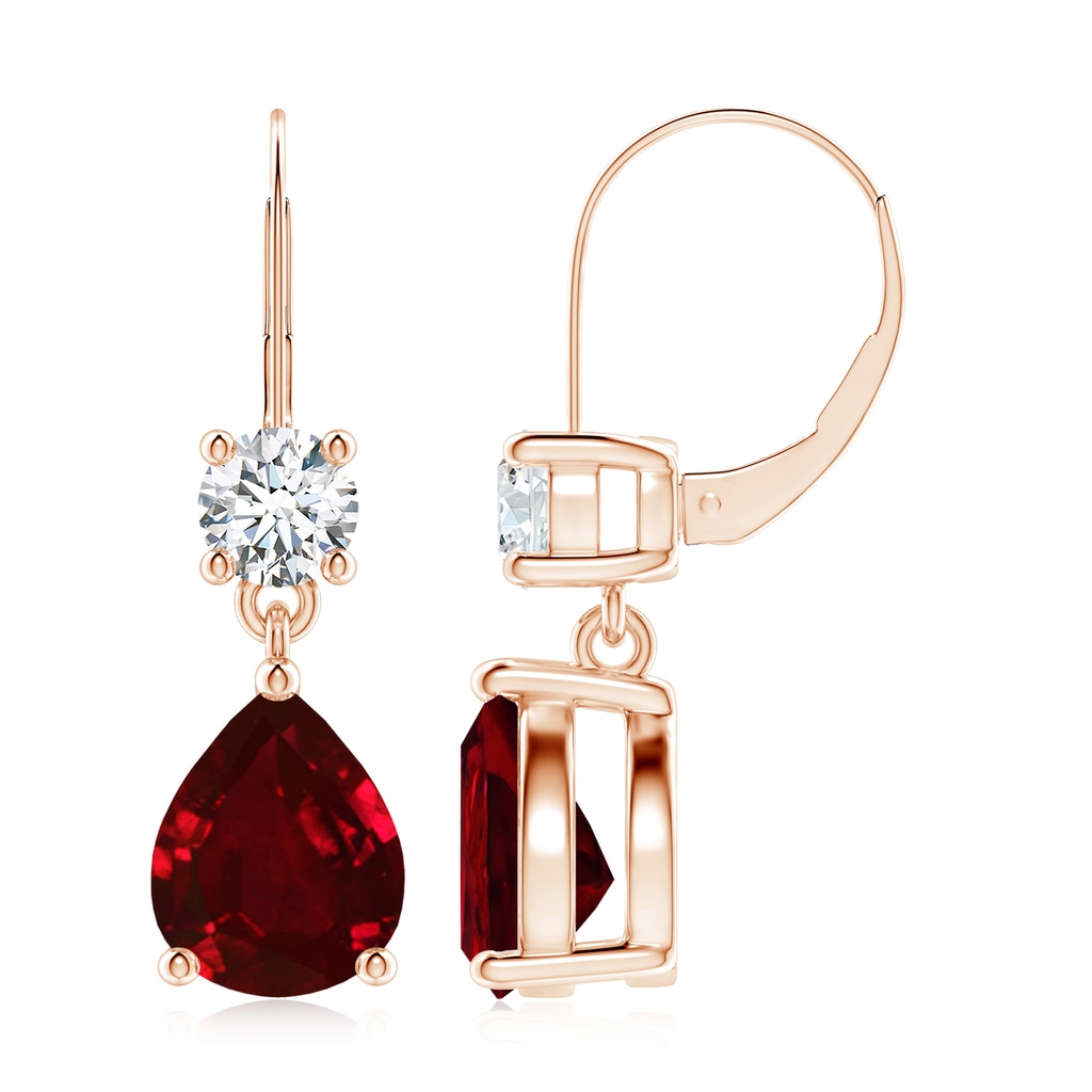 10x8mm AAAA Pear Ruby Leverback Drop Earrings with Diamond in Rose Gold