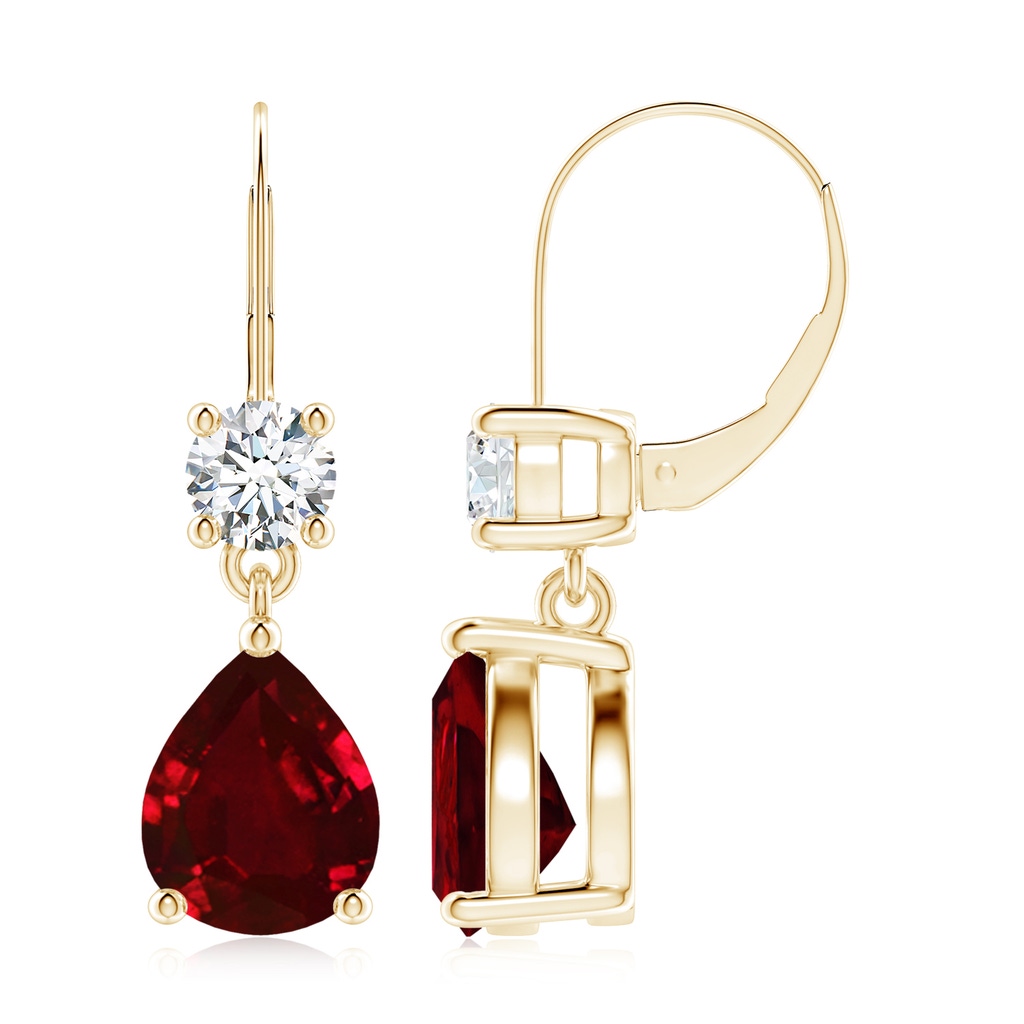 10x8mm AAAA Pear Ruby Leverback Drop Earrings with Diamond in Yellow Gold