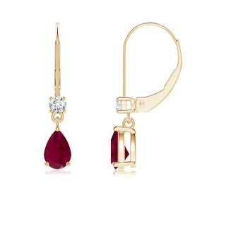 6x4mm A Pear Ruby Leverback Drop Earrings with Diamond in Yellow Gold