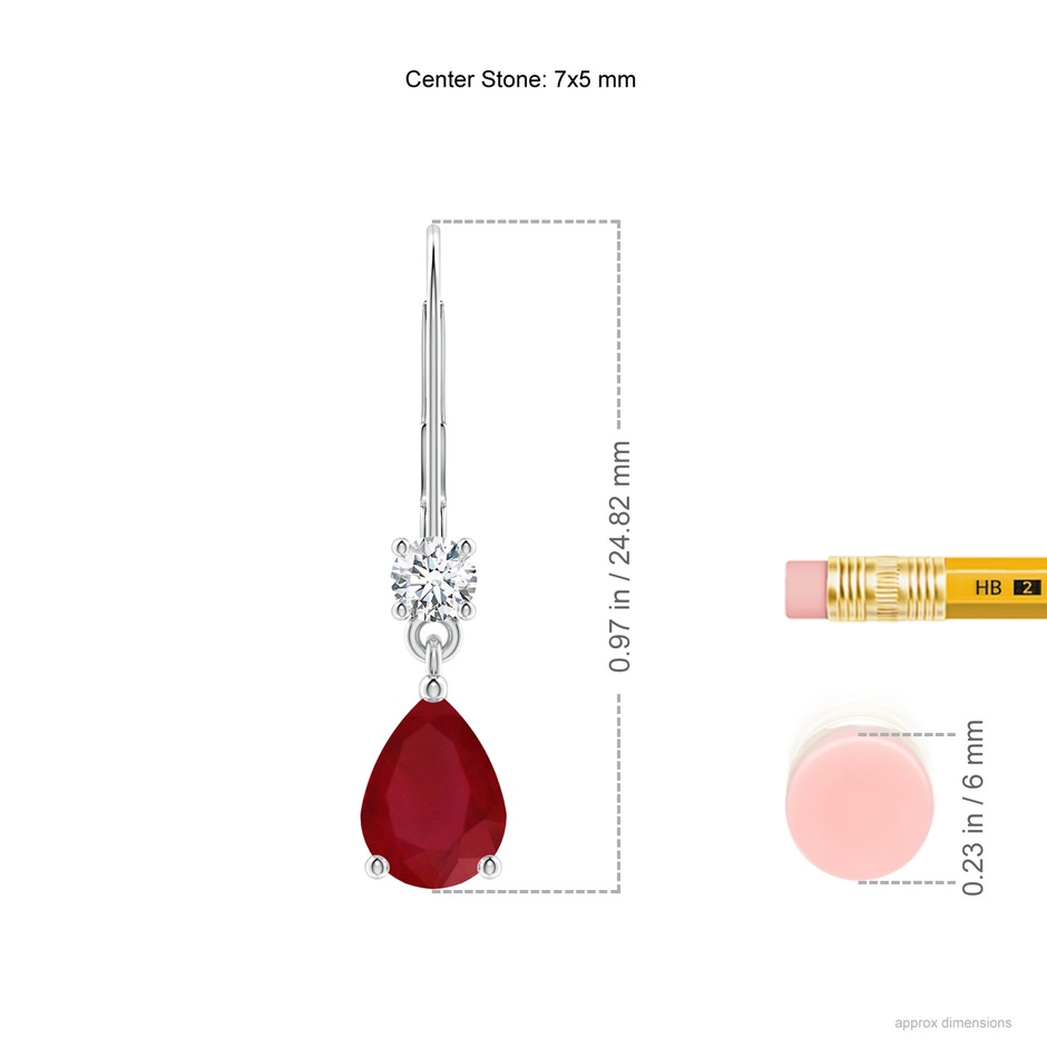 7x5mm AA Pear Ruby Leverback Drop Earrings with Diamond in P950 Platinum ruler