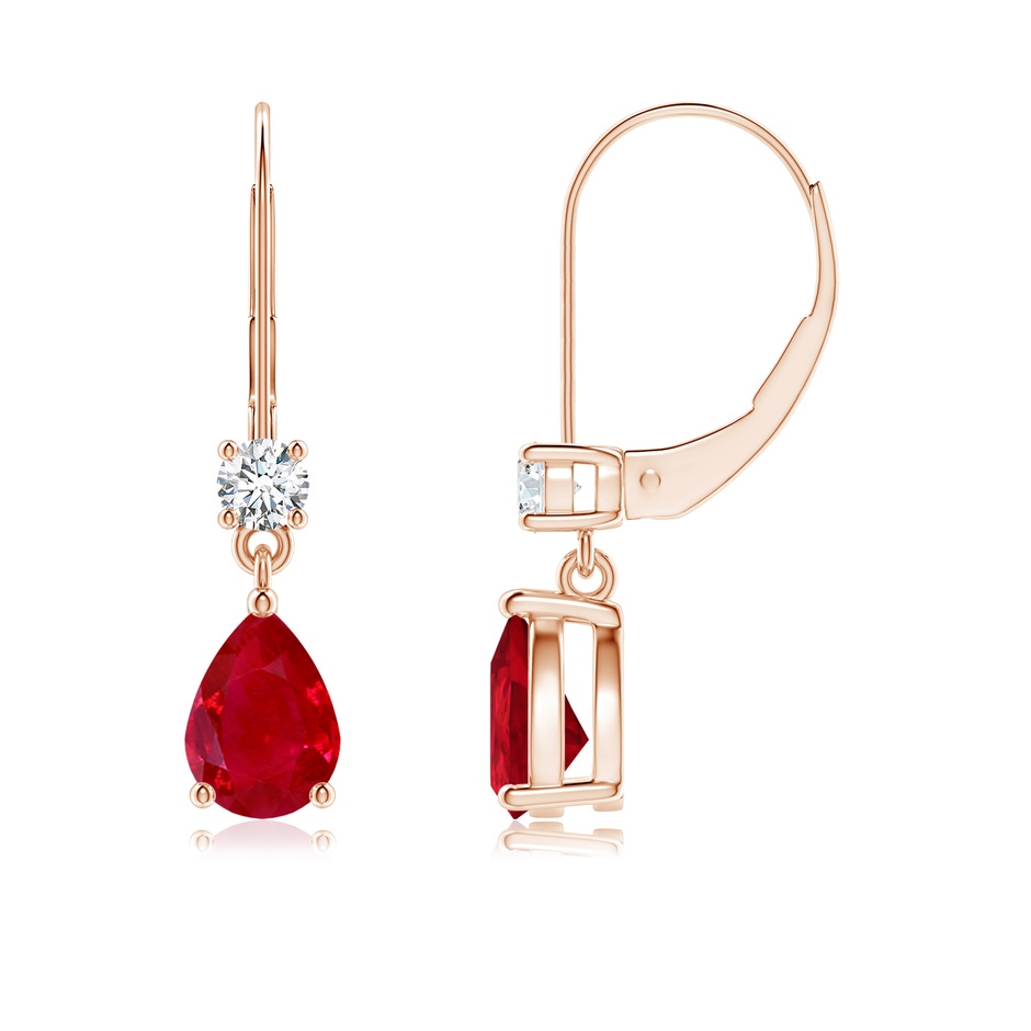 7x5mm AAA Pear Ruby Leverback Drop Earrings with Diamond in Rose Gold 