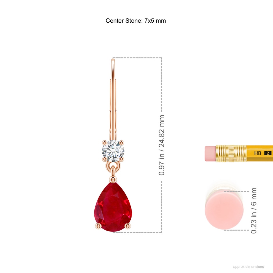 7x5mm AAA Pear Ruby Leverback Drop Earrings with Diamond in Rose Gold ruler