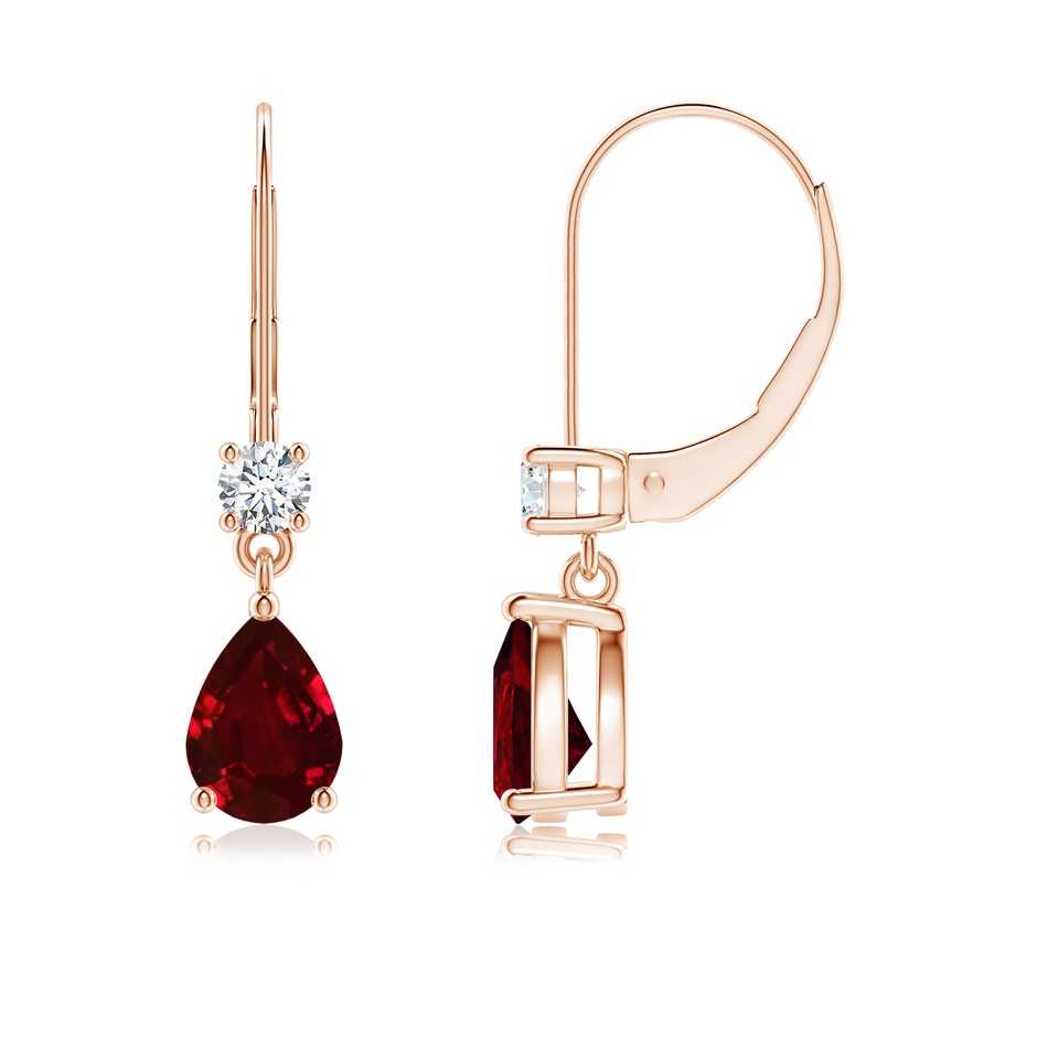 7x5mm AAAA Pear Ruby Leverback Drop Earrings with Diamond in Rose Gold 
