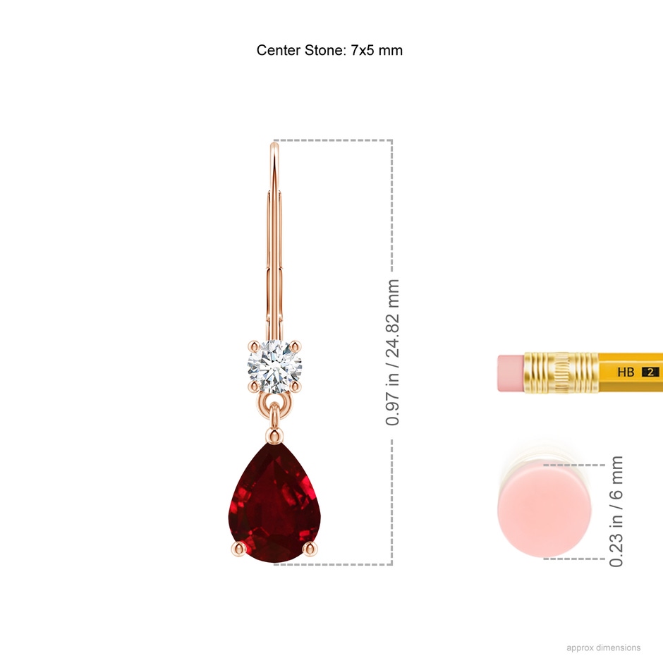 7x5mm AAAA Pear Ruby Leverback Drop Earrings with Diamond in Rose Gold ruler