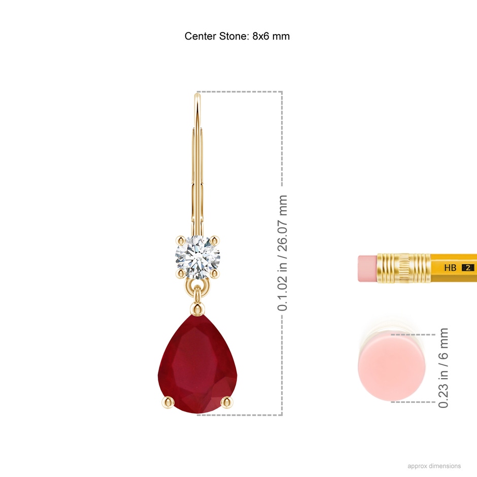 8x6mm AA Pear Ruby Leverback Drop Earrings with Diamond in Yellow Gold ruler