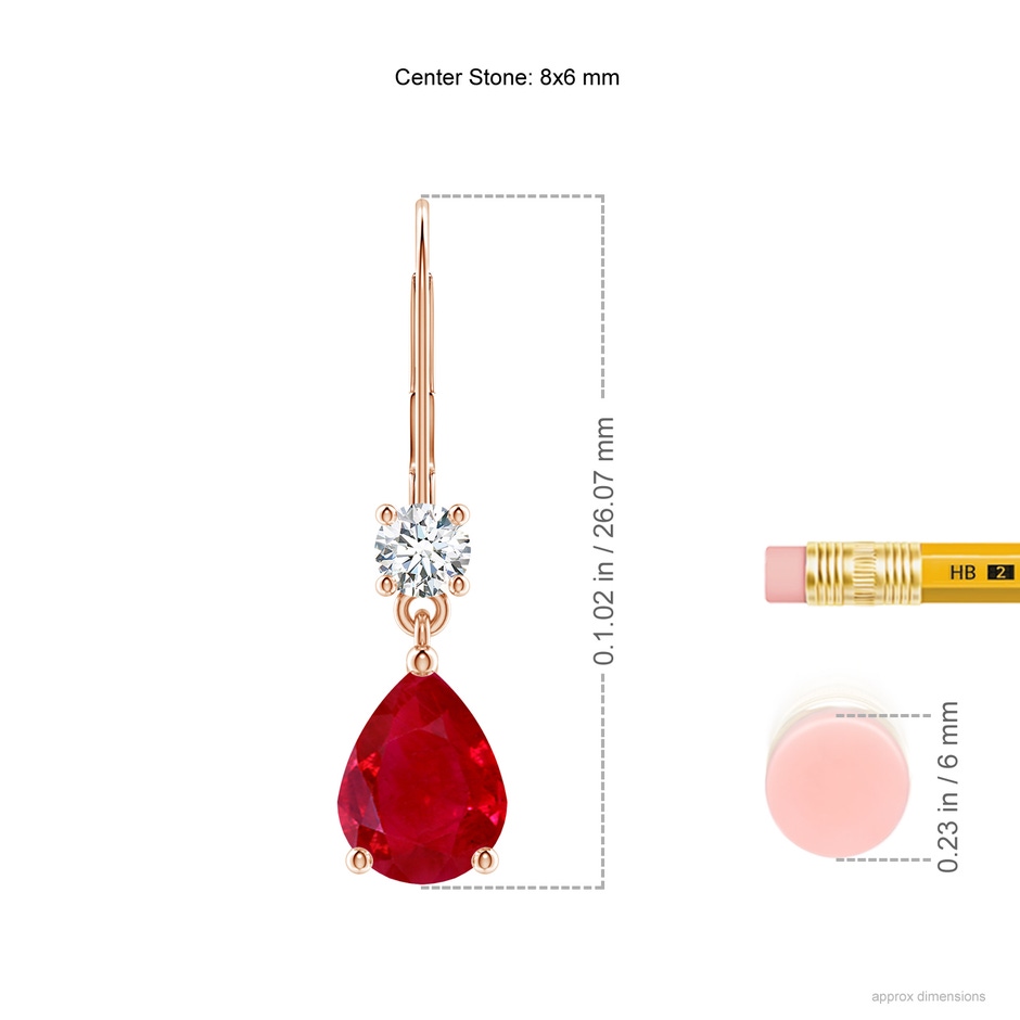 8x6mm AAA Pear Ruby Leverback Drop Earrings with Diamond in Rose Gold ruler