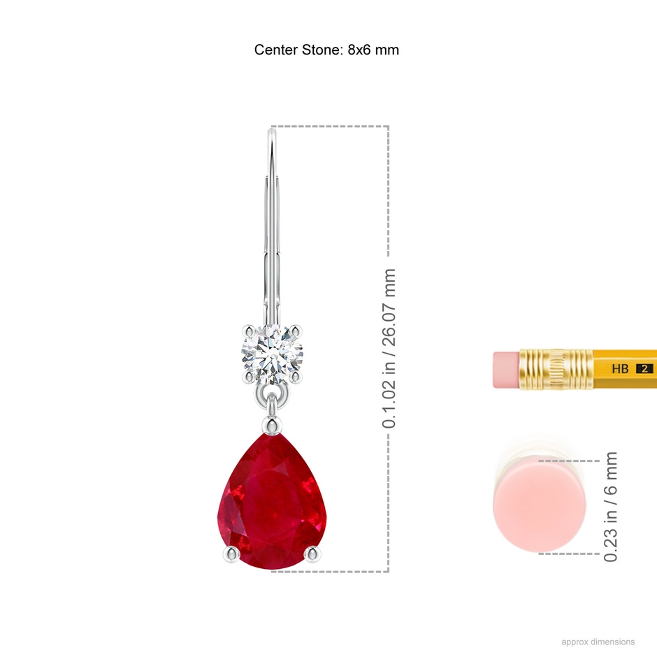 8x6mm AAA Pear Ruby Leverback Drop Earrings with Diamond in White Gold ruler