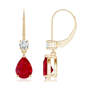 8x6mm AAA Pear Ruby Leverback Drop Earrings with Diamond in Yellow Gold