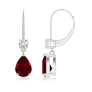 8x6mm AAAA Pear Ruby Leverback Drop Earrings with Diamond in 10K White Gold