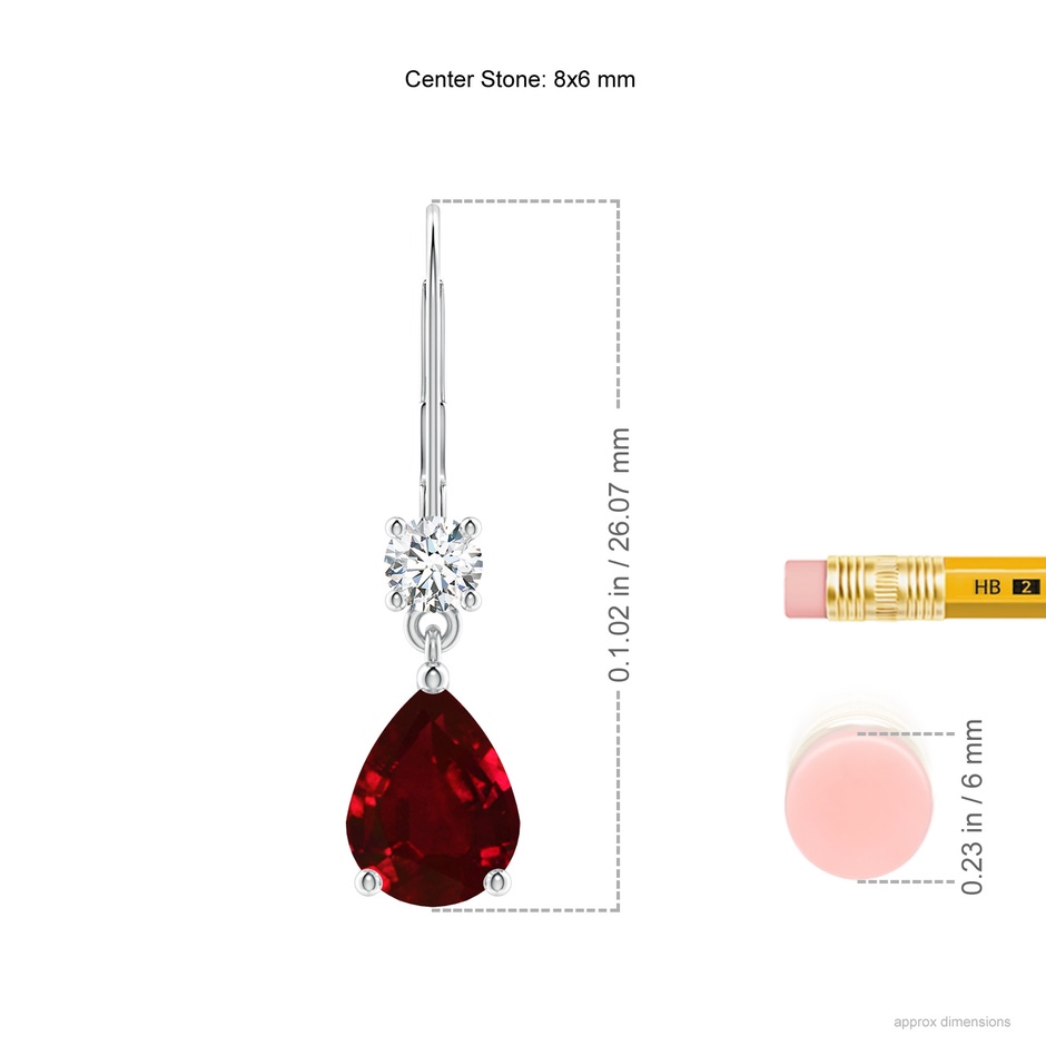 8x6mm AAAA Pear Ruby Leverback Drop Earrings with Diamond in P950 Platinum ruler