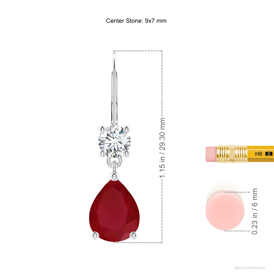 9x7mm AA Pear Ruby Leverback Drop Earrings with Diamond in P950 Platinum ruler