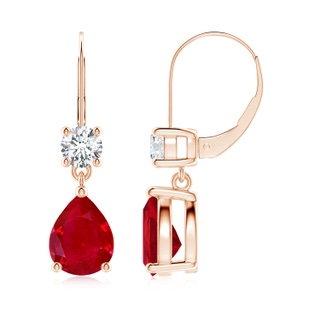 9x7mm AAA Pear Ruby Leverback Drop Earrings with Diamond in 18K Rose Gold