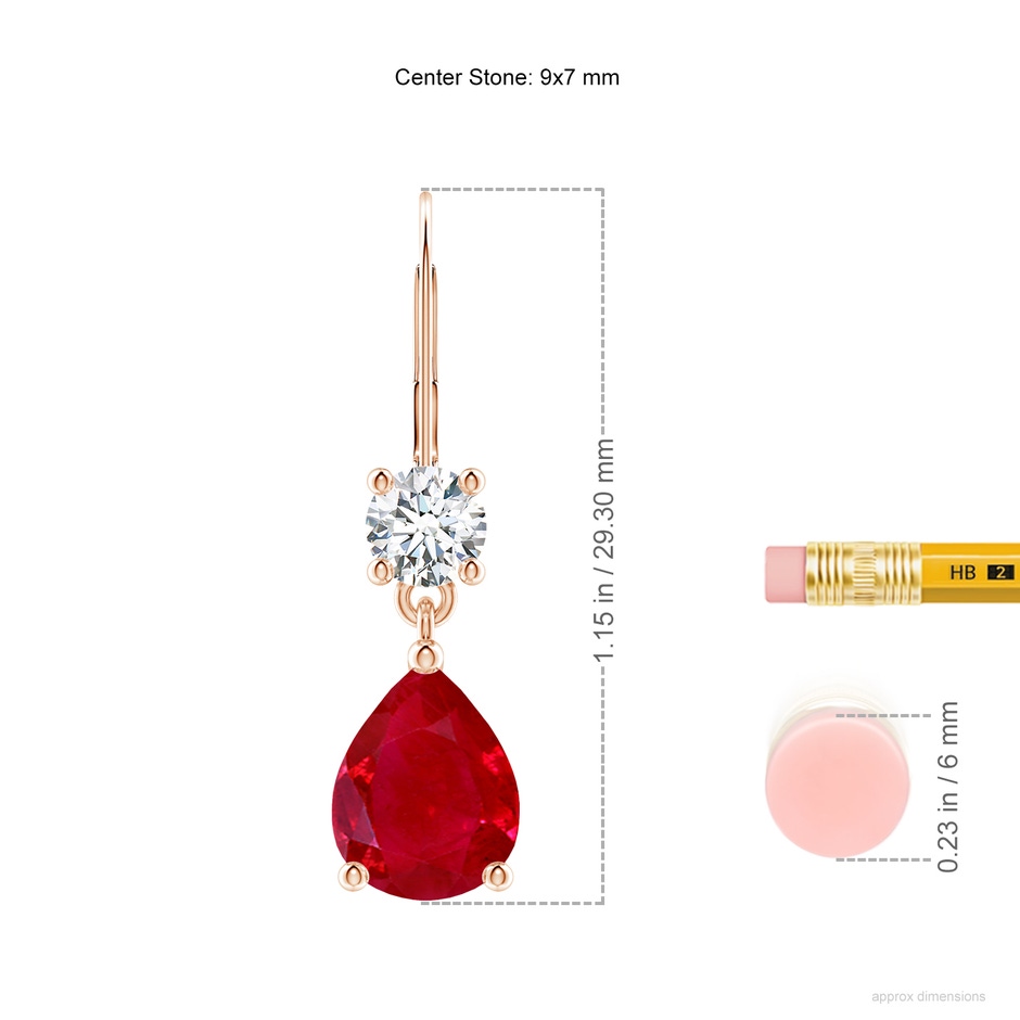 9x7mm AAA Pear Ruby Leverback Drop Earrings with Diamond in 18K Rose Gold ruler