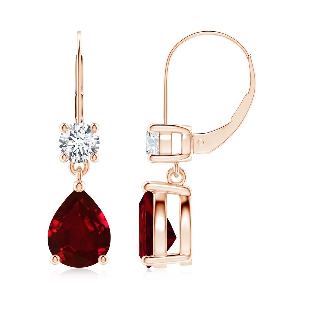 9x7mm AAAA Pear Ruby Leverback Drop Earrings with Diamond in 10K Rose Gold
