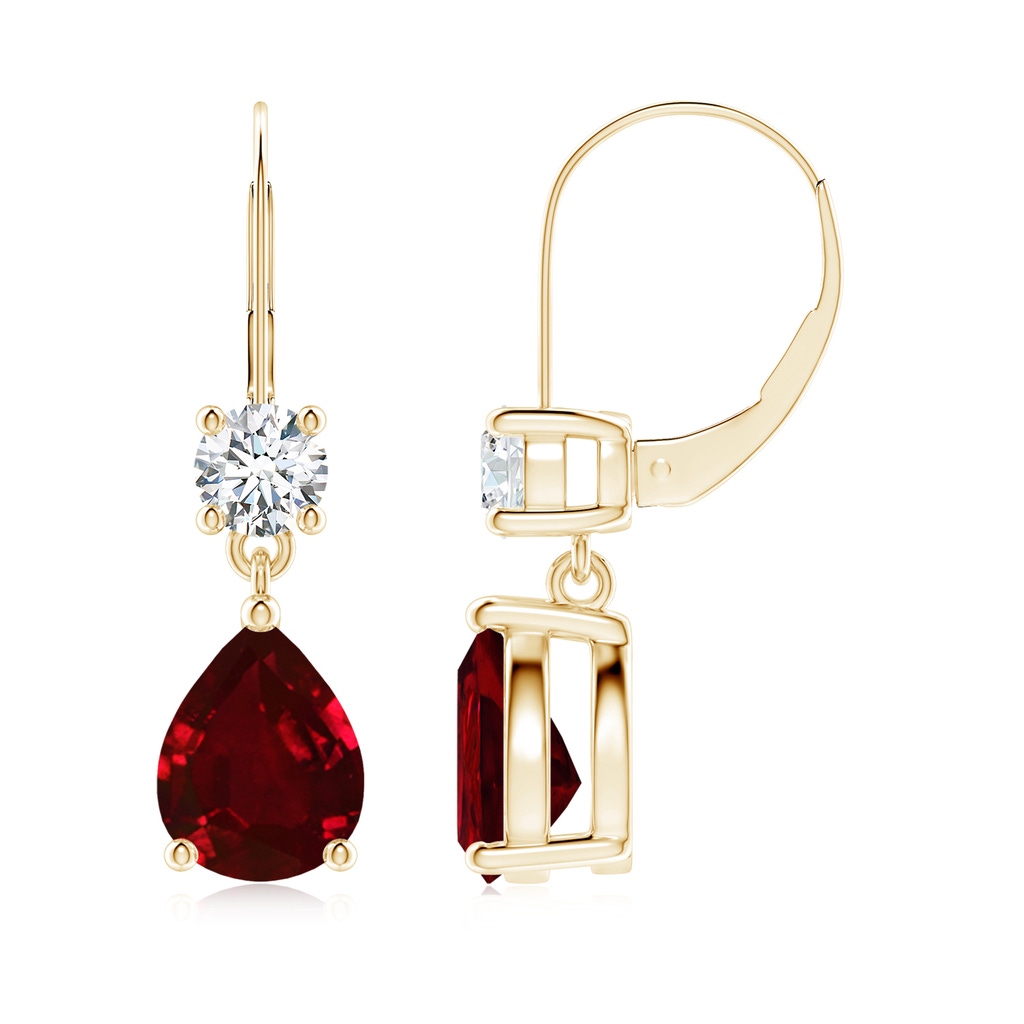 9x7mm AAAA Pear Ruby Leverback Drop Earrings with Diamond in 10K Yellow Gold