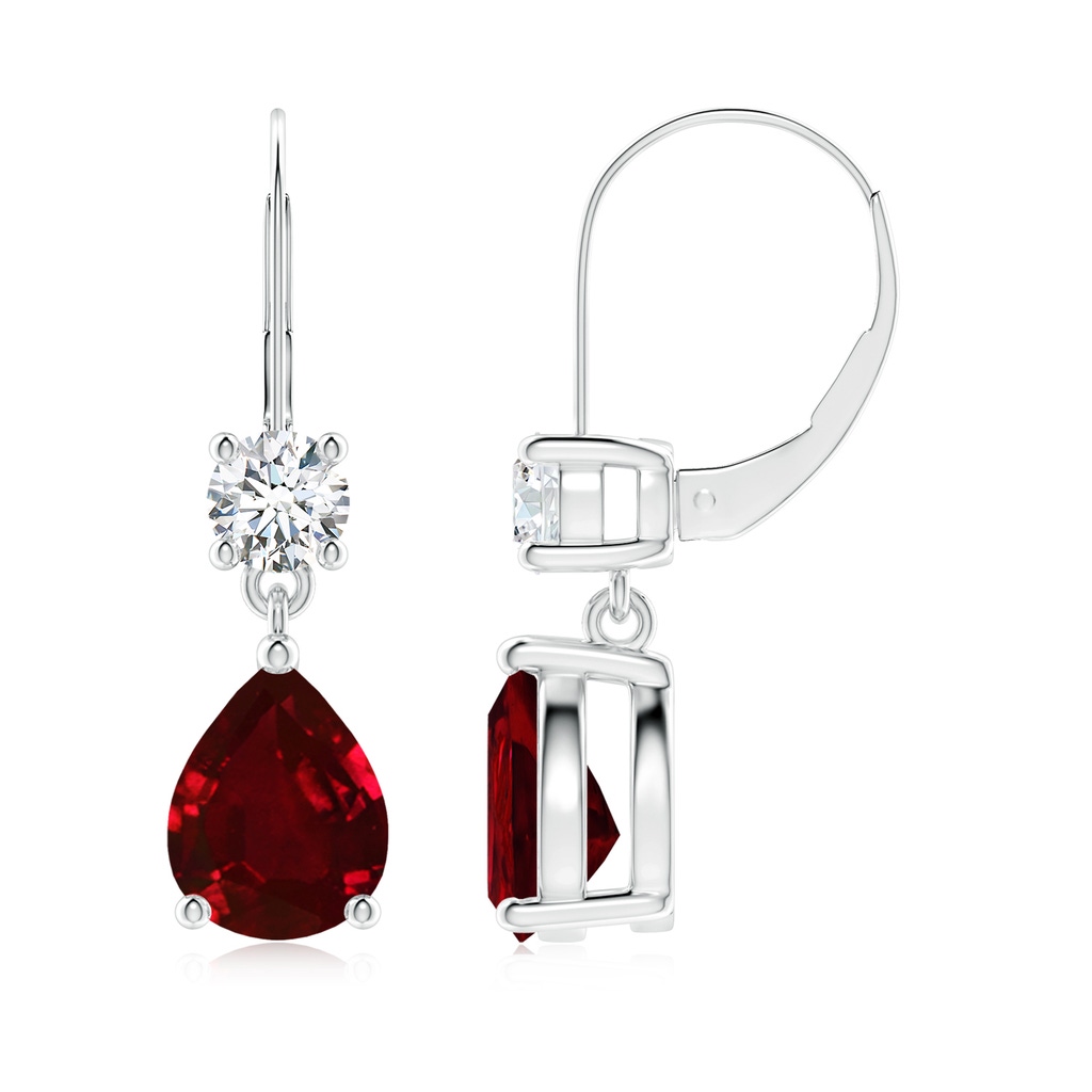 9x7mm AAAA Pear Ruby Leverback Drop Earrings with Diamond in P950 Platinum