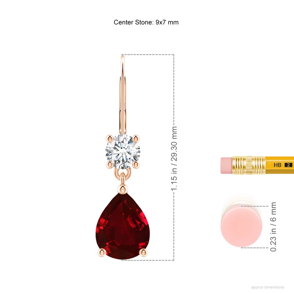 9x7mm AAAA Pear Ruby Leverback Drop Earrings with Diamond in Rose Gold ruler