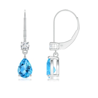 7x5mm AAA Pear Swiss Blue Topaz Leverback Earrings with Diamond in White Gold