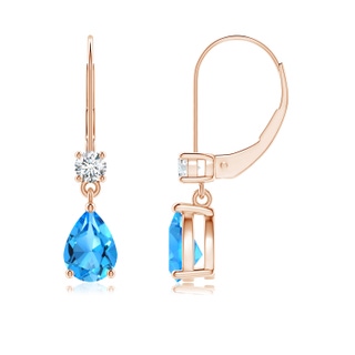 7x5mm AAAA Pear Swiss Blue Topaz Leverback Earrings with Diamond in Rose Gold