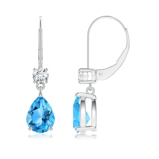 8x6mm AAA Pear Swiss Blue Topaz Leverback Earrings with Diamond in P950 Platinum
