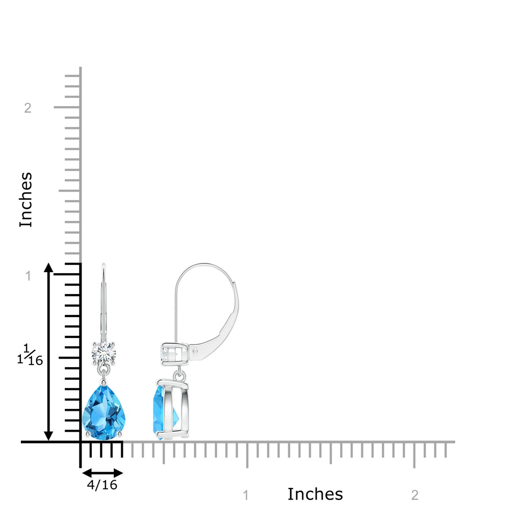 8x6mm AAA Pear Swiss Blue Topaz Leverback Earrings with Diamond in P950 Platinum Ruler