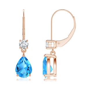 8x6mm AAAA Pear Swiss Blue Topaz Leverback Earrings with Diamond in Rose Gold