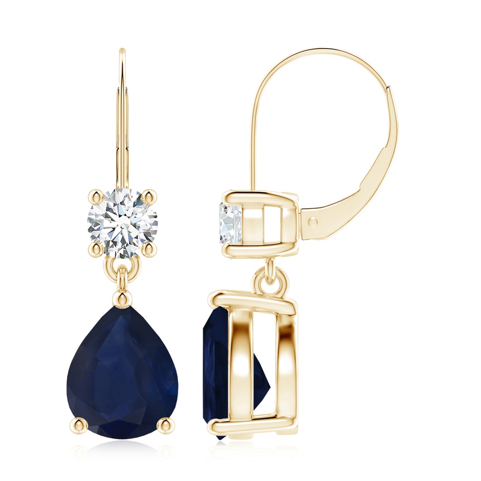 10x8mm A Pear Sapphire Leverback Drop Earrings with Diamond in Yellow Gold 