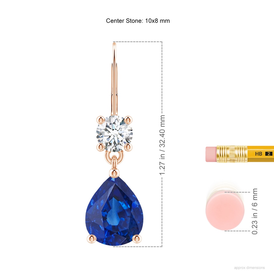 10x8mm AAA Pear Sapphire Leverback Drop Earrings with Diamond in Rose Gold ruler