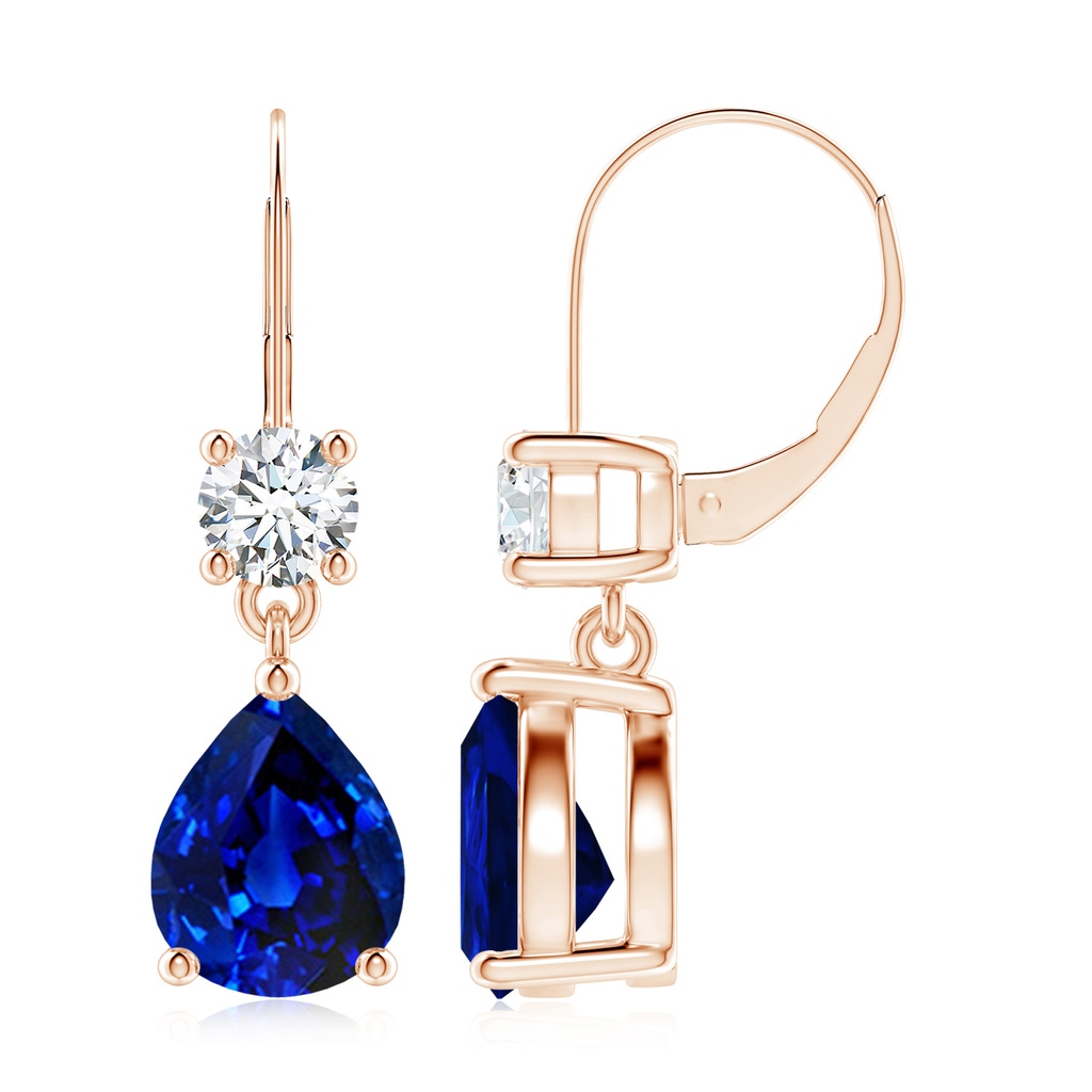 10x8mm AAAA Pear Sapphire Leverback Drop Earrings with Diamond in Rose Gold