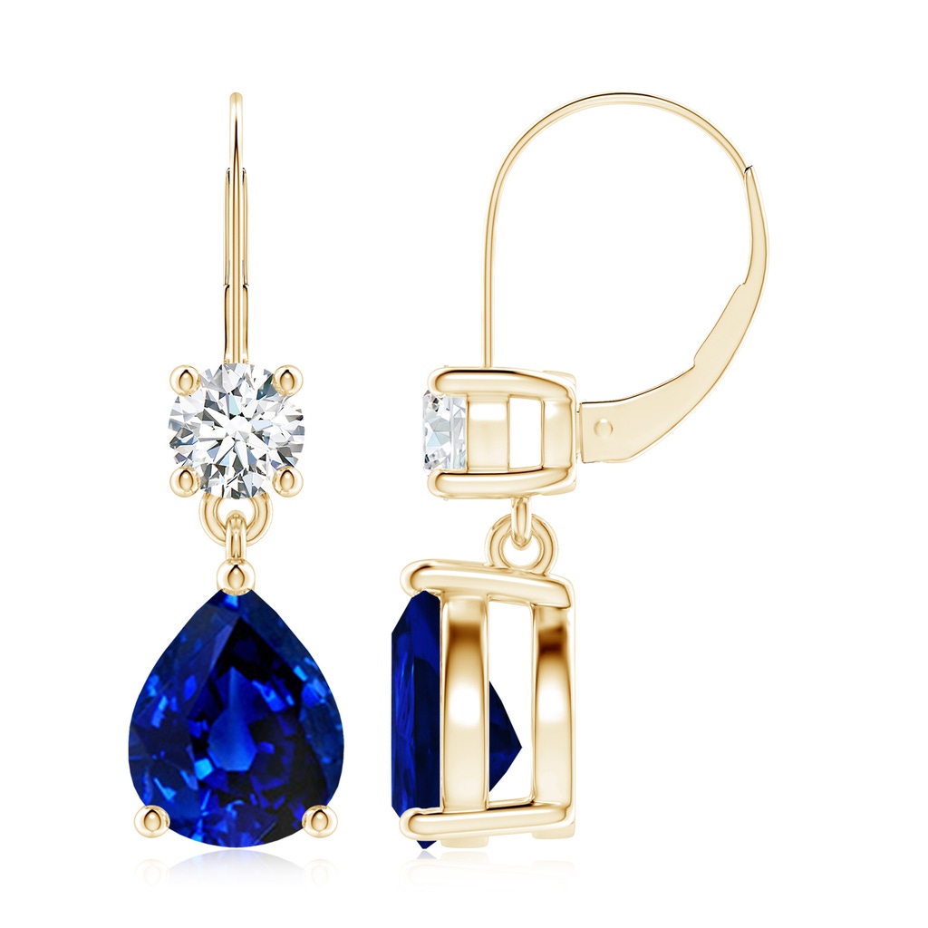 10x8mm AAAA Pear Sapphire Leverback Drop Earrings with Diamond in Yellow Gold