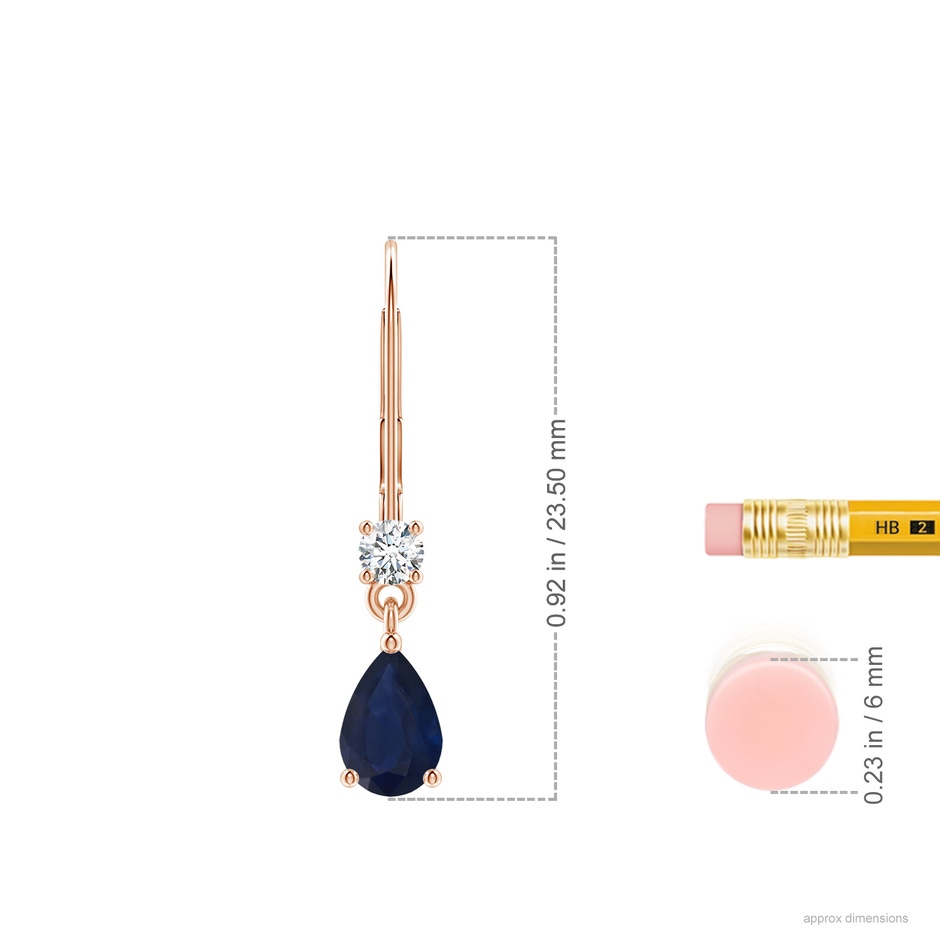 6x4mm A Pear Sapphire Leverback Drop Earrings with Diamond in Rose Gold ruler