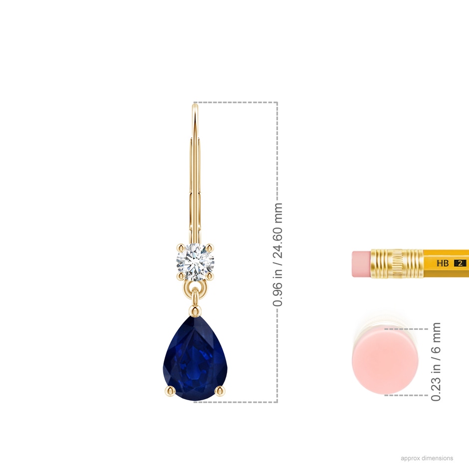 7x5mm AA Pear Sapphire Leverback Drop Earrings with Diamond in Yellow Gold ruler