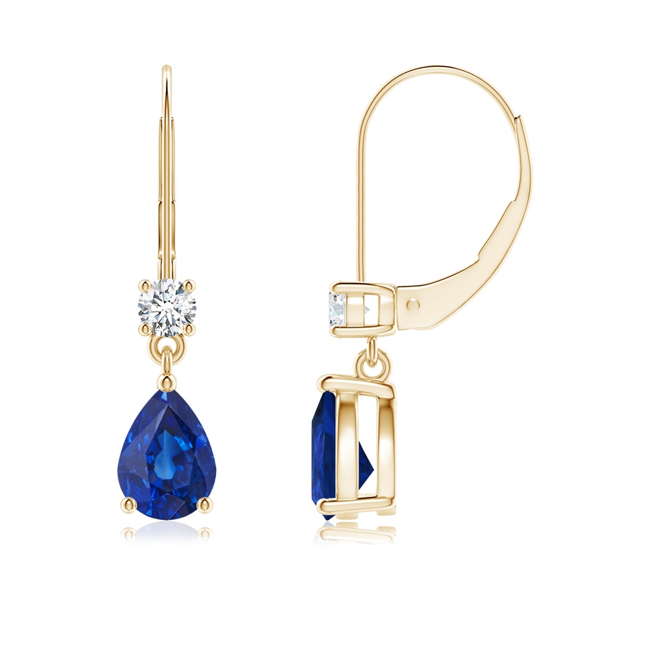 7x5mm AAA Pear Sapphire Leverback Drop Earrings with Diamond in Yellow Gold 