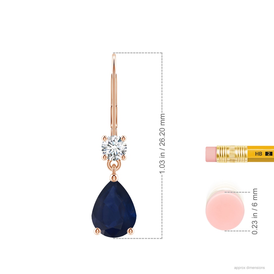 8x6mm A Pear Sapphire Leverback Drop Earrings with Diamond in Rose Gold ruler