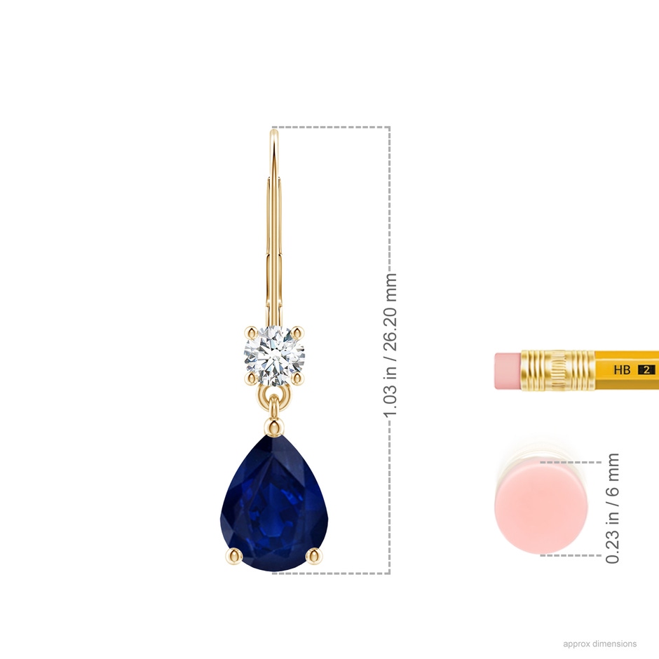 8x6mm AA Pear Sapphire Leverback Drop Earrings with Diamond in Yellow Gold ruler