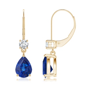 8x6mm AAA Pear Sapphire Leverback Drop Earrings with Diamond in Yellow Gold